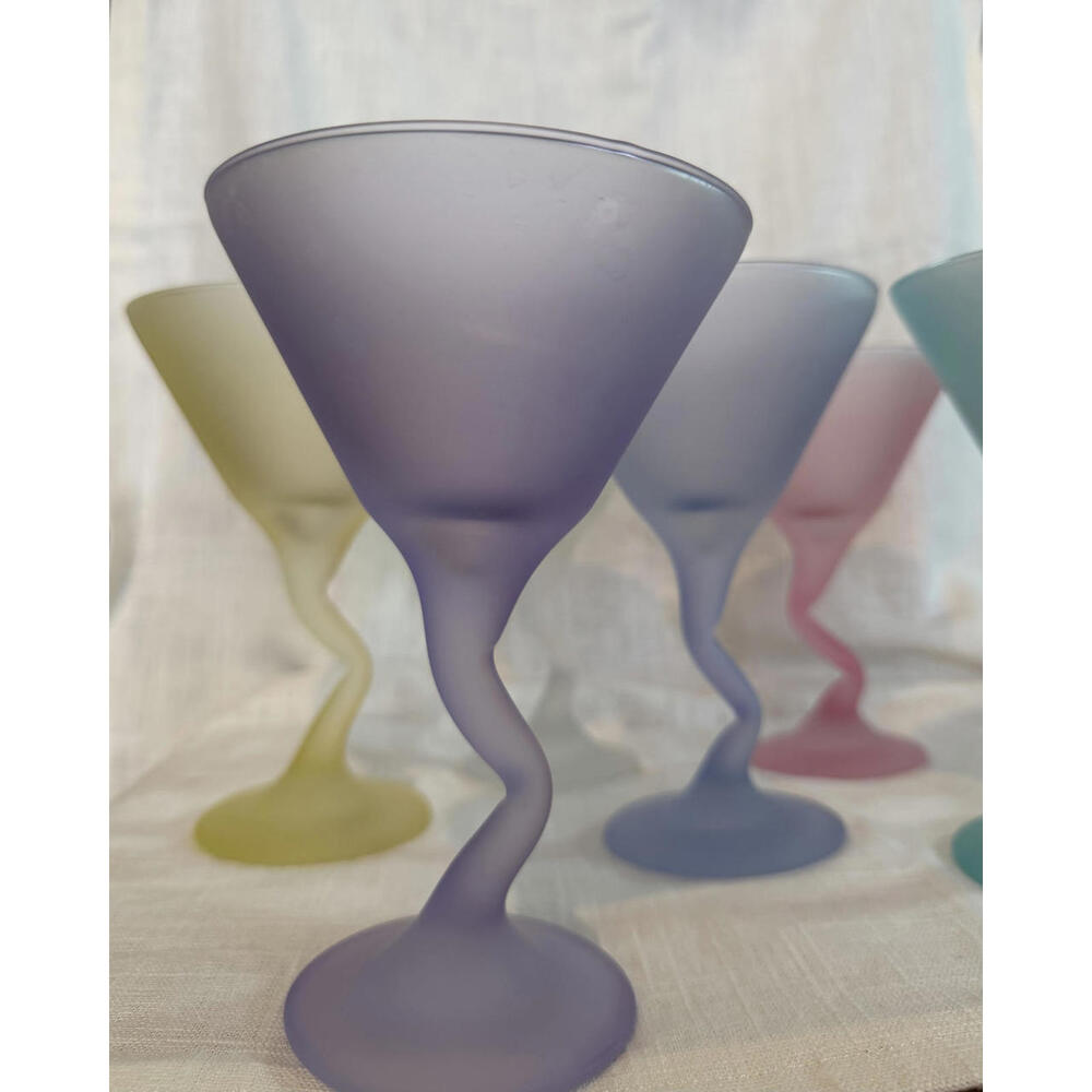 Vintage Libbey Zig Zag Stem Frosted Pastel Martini Glasses Set of 6